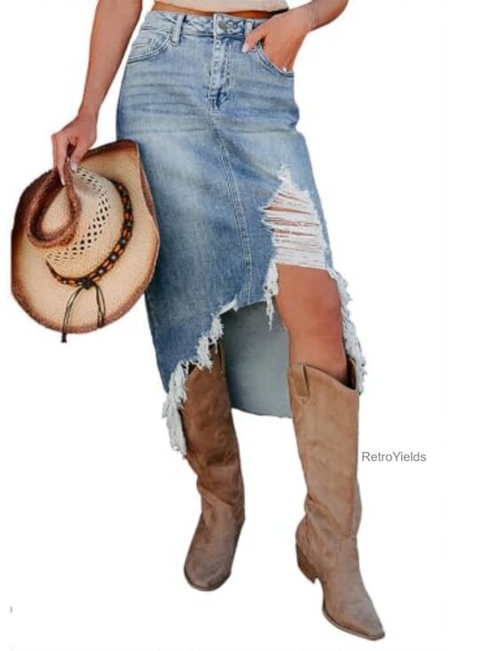 Dresses & Skirts - High Waist Distressed Denim Midi Skirt with Frayed Hem, Slit, Asymmetrical